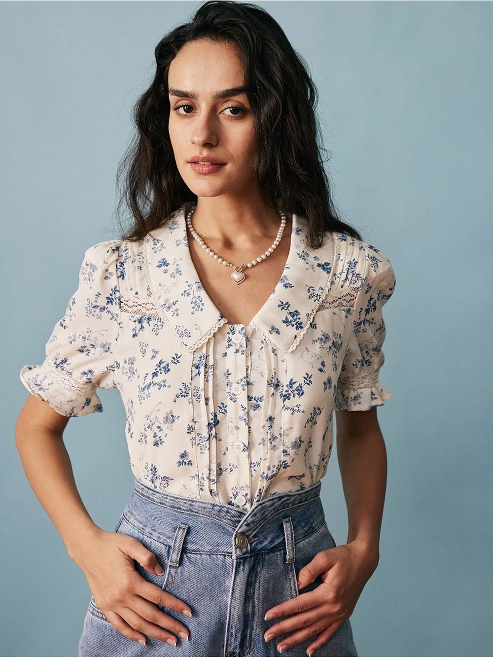 Floral Puff-Sleeve Blouse in Cream and Blue